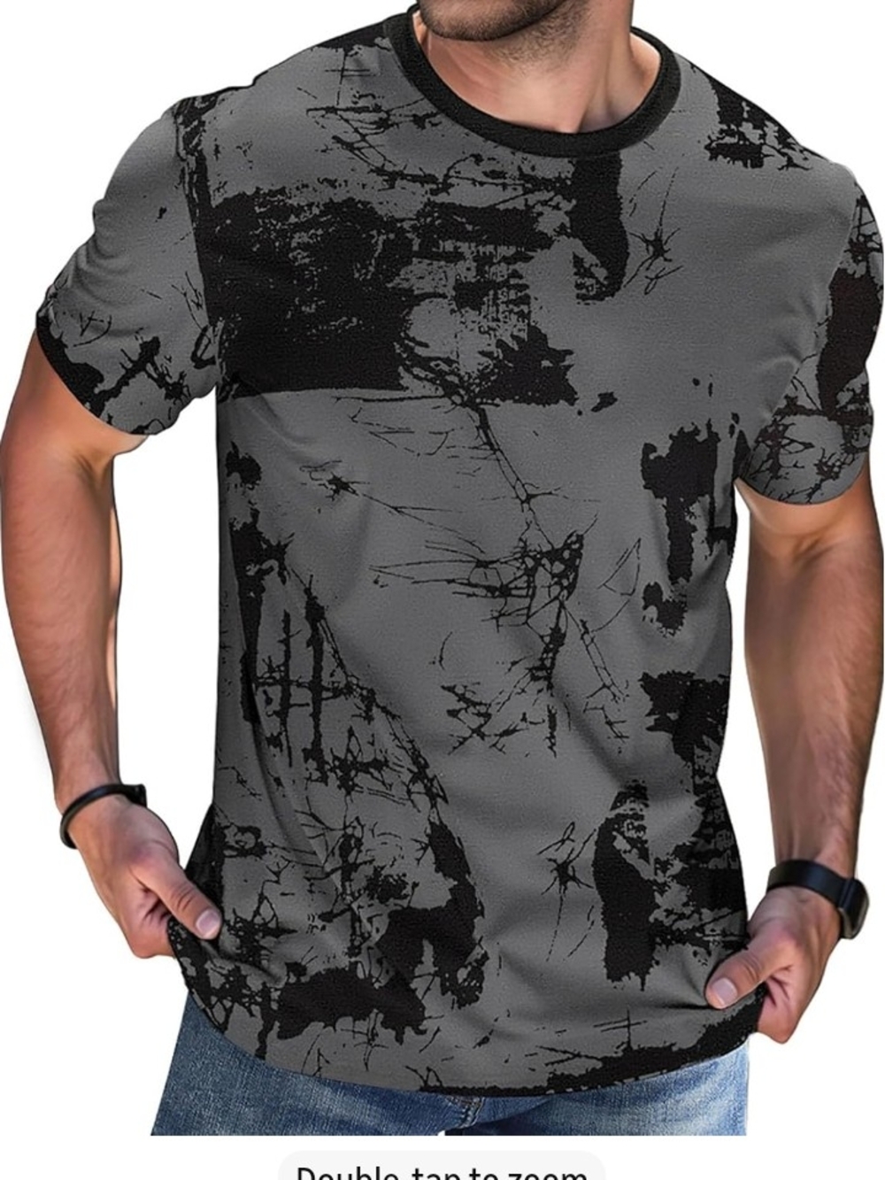 Men's Gray & Black Graphic Tee - Casual Crew Neck Shirt